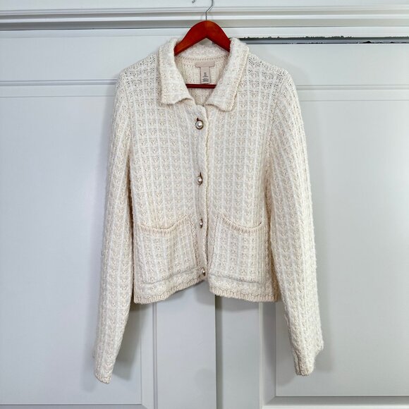 H&M Cream Texture-Knit Collar Gold & Pearl Button Cardigan Lady Jacket -NWOT - Picture 2 of 14
